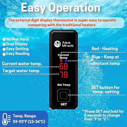 AquaMiracle Upgraded 25W Small Aquarium Heater Fish Tank Heater Turtle Heater Super Mini Aquarium Heater, Dry-Run/Overheating Protection and Memory Function, Dual LED Display, for 3-5 Gal Tanks