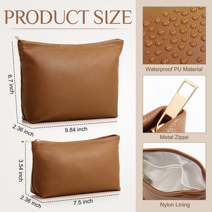 Kigeli 2 Pcs Small Makeup Bag Set for Purse PU Leather Cosmetic Bag Makeup Travel Toiletry Pouch Aesthetic Preppy Organizer Storage Pouch Gift for Teacher Mother Day Women(Brown)