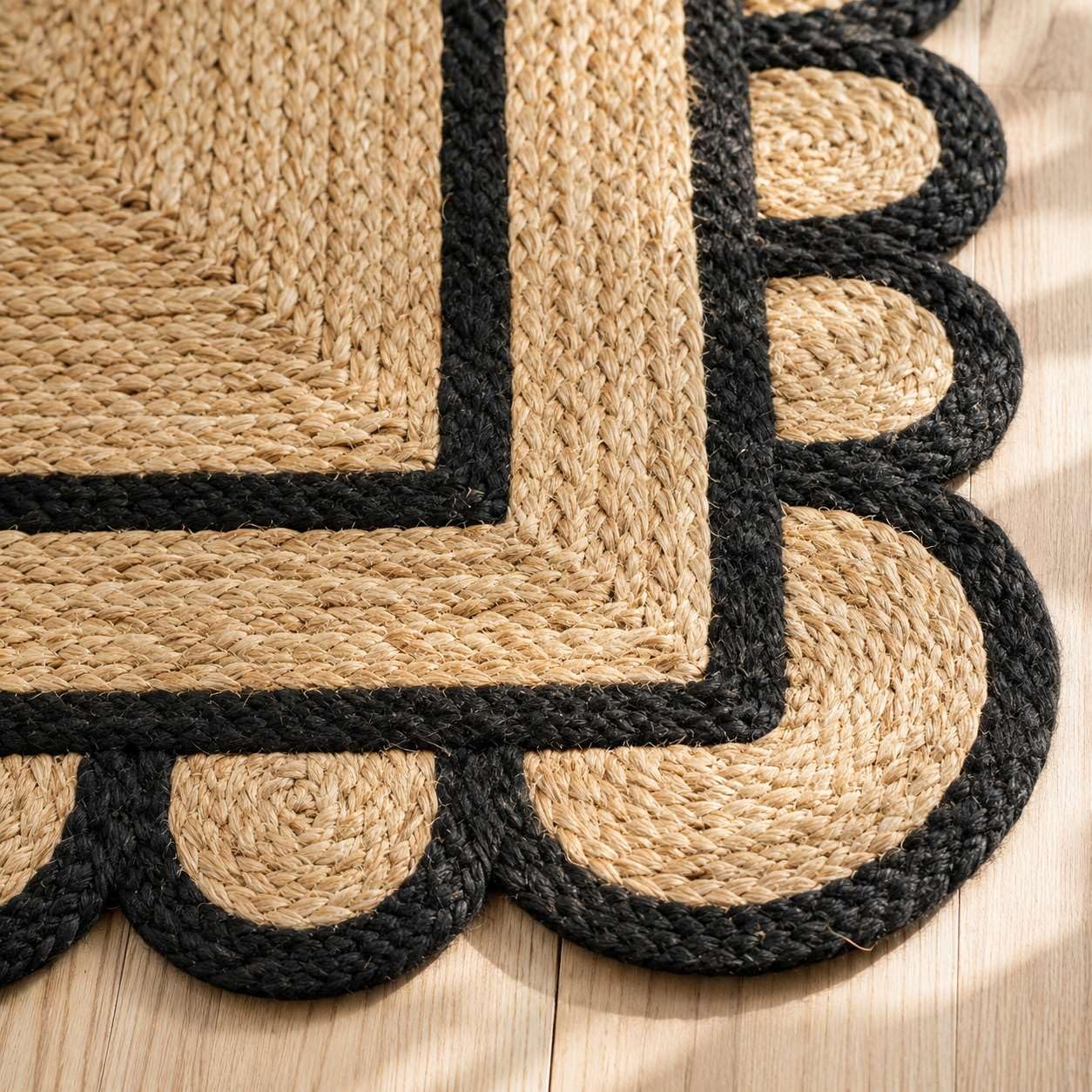 Scalloped Natural Jute Area Rug 3x5 Ft, Boho Rug with Black Trim & Non Slip Backing for Entryway, Living Room