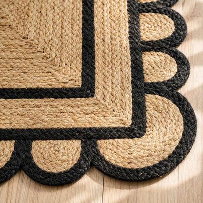 Scalloped Natural Jute Area Rug 3x5 Ft, Boho Rug with Black Trim & Non Slip Backing for Entryway, Living Room