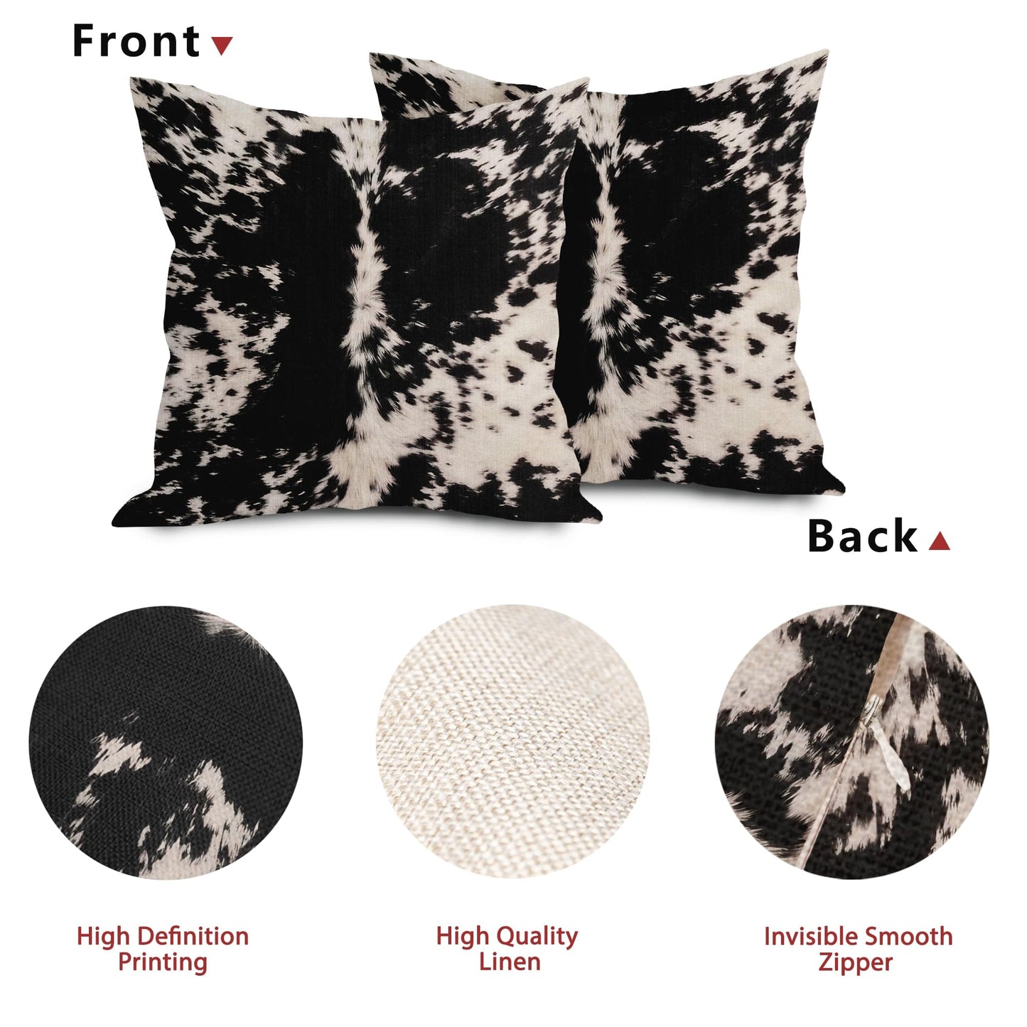 Cowhide Print Pillow Covers 20X20 Inch Black White Cow Spots Decorative Square Pillow Cases Set of 2 Farmhouse Western Home Decor Cotton Linen Throw Pillows For Bedroom Sofa Couch Porch Outdoor