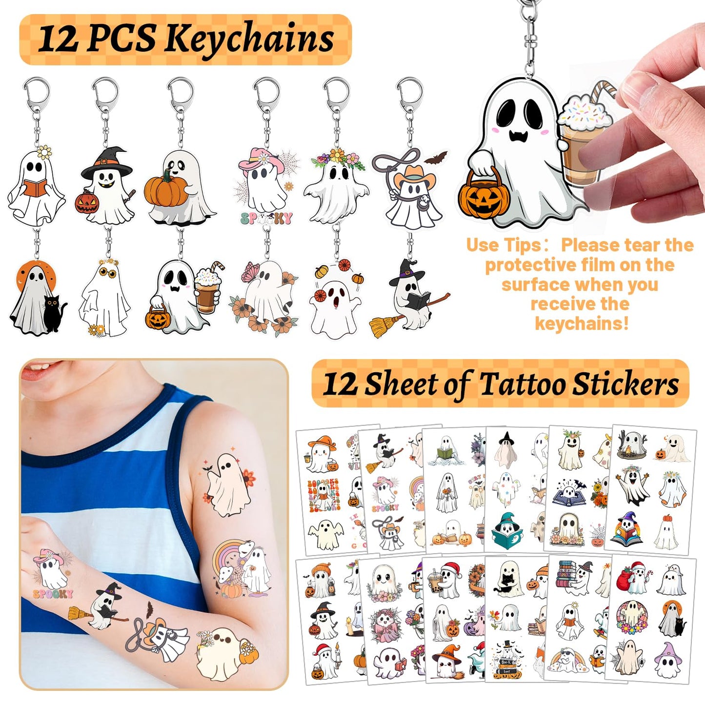 YYMYMGJ 108 PCS Halloween Ghost Party Favors, Cute Ghost Temporary Tattoos Slap Bracelets Stickers Keychains Badges for Halloween Ghost Birthday Party Decorations Supplies