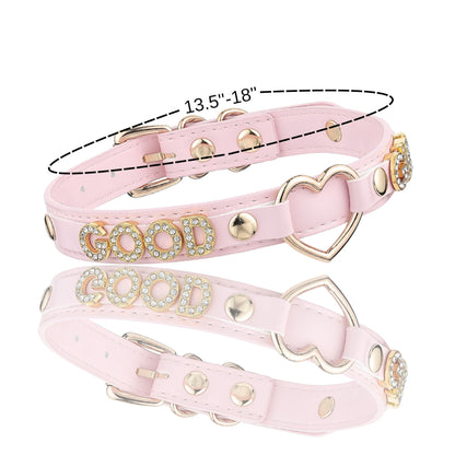 ADEMISHIA Handmade Gold Heart O-Ring Letter Choker Necklace for Women, Adjustable PU Leather Black/Pink Choker Collar For Women, Goth Choker Collars Necklace