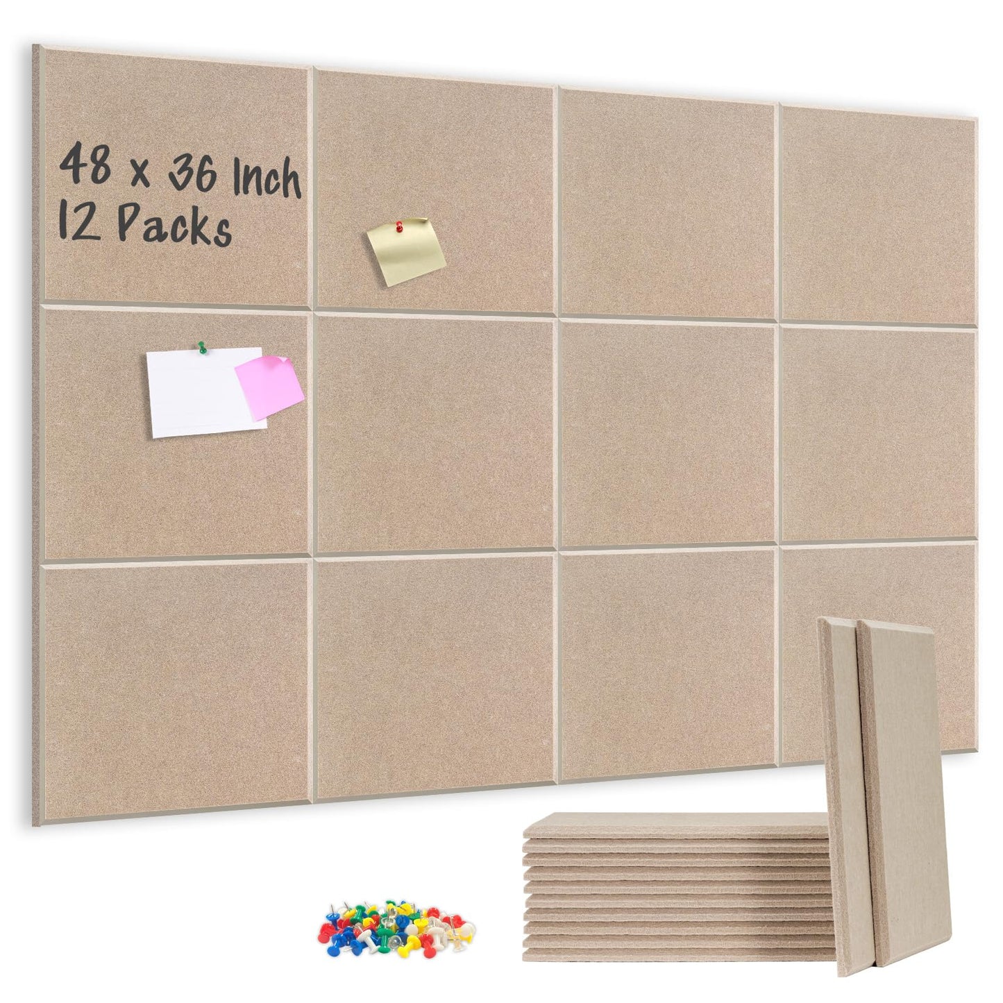 DOLLAR BOSS Large Cork Board for Wall 48" x 36" x 0.5" Bulletin Board 12 Packs Corkboard Tiles Self Adhesive Felt Wall Tiles for Office Home School, Latte