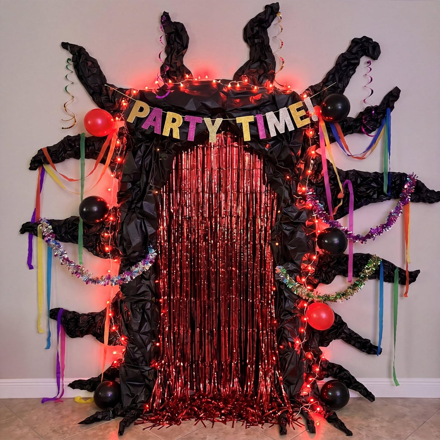 Tingjoo 12 Pcs Weird Themed Door Party Decoration with Spooky Red Black Foil Curtain Tablecloth LED Light Weird Themed Door Decor for Welcome to the Other Side Backdrop Photo Prop Birthday Halloween