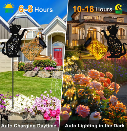Solar Lights Outdoor Decorative, Watering Can with Cascading Lights, with Cat Silhouette Garden Stakes, Gifts for Mom Women, Waterproof Metal Garden Decor for Yard Art, Outside, Patio, Lawn Ornaments