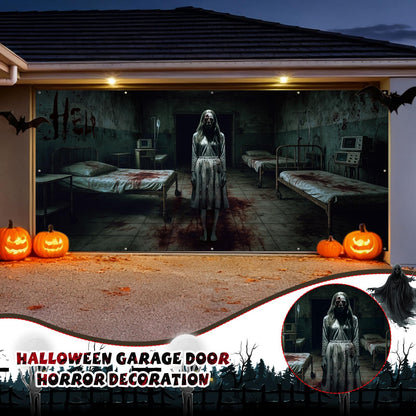 Blosssound 1 PCS Halloween Ghosts Garage Door Cover - 7 x 16 ft Hospital Haunted Buildings Zombies Backdrop Hanging Decorations for Halloween Photo Outdoor Home Party Booth