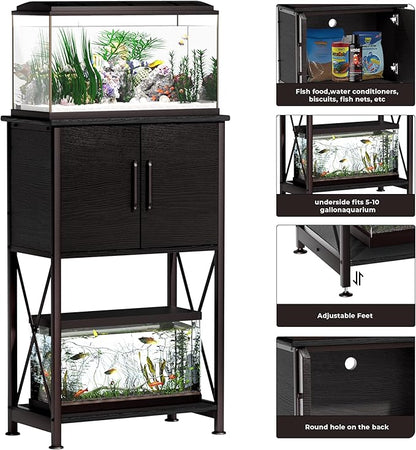 Herture 5-10 Gallon Fish Tank Stand, Metal Double Aquarium Stand with Cabinet for Fish Tank Accessories Storage, Heavy Duty 20.5" L* 11.02" W Tabletop, 500LBS Capacity Black PG06YGB