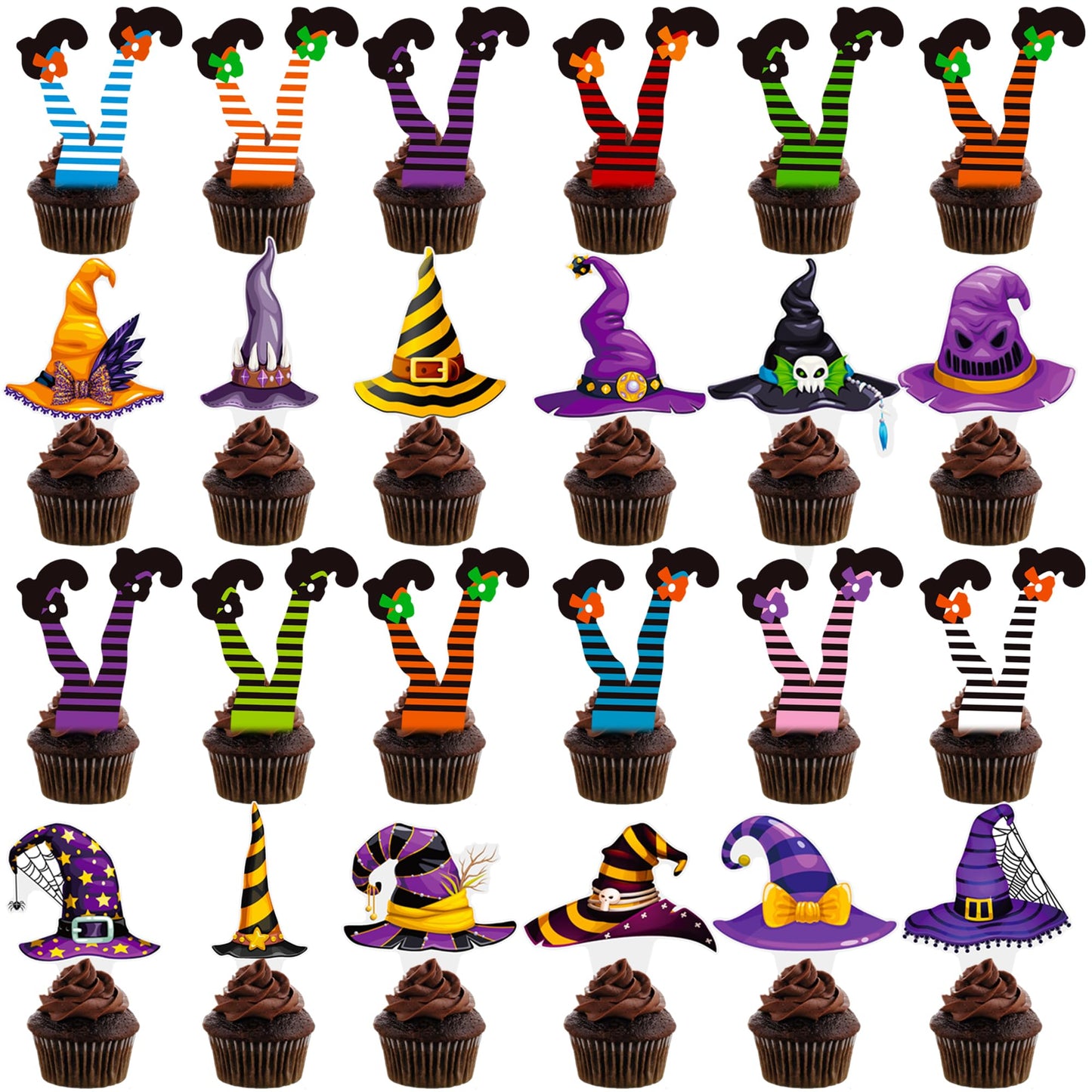 Halloween Party Decorations Witch Hat and Legs Cupcake Toppers 48PCS Witch Stocking Theme Cake Decorations Fantasy Hats Shoes Cupcake Picks for Magic Wizard Birthday Baby Shower Party Supplies