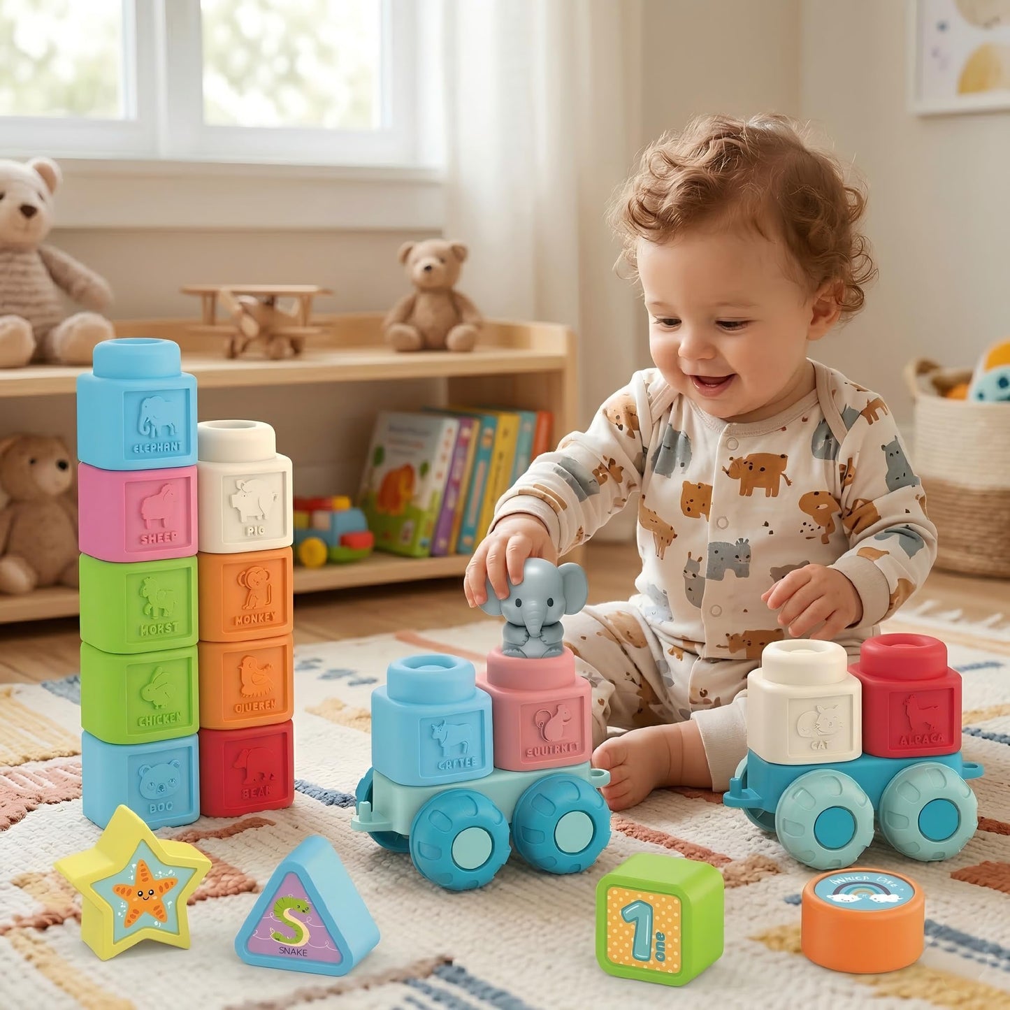Soft Blocks Montessori Stacking Toys for toddlers 1-3, 29 PCS Baby Building Blocks, Educational Learning Toys with Fruits, Animals, Colors & Shapes, Connectable Texture Blocks Vehicles Festival Gift