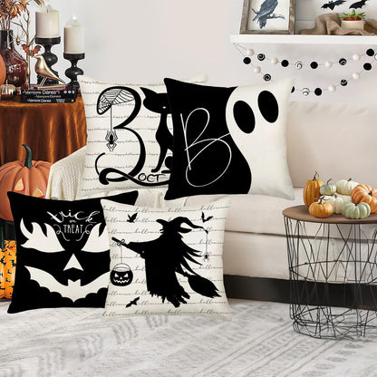 Easternproject Halloween Boo Throw Pillow Covers Set of 4 20x20 Inch October 31 Cat Trick or Treat Evil Pumpkin Ghost Witch Halloween Fall Farmhouse Decorations Pillows Cushion Cases Black White