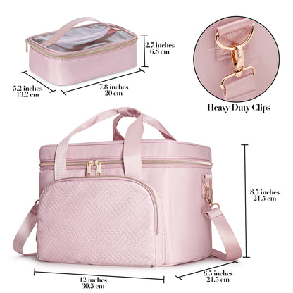 Prokva Travel Makeup Bag with 2 Pouches and Adjustable Dividers, Large Cosmetic Case Make up Organizer for Women Fits Bottles Vertically, Pink (Patented Design)