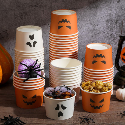 Uiifan 150 Pcs Halloween Treat Snack Cups 8 Oz Disposable Pumpkin Ghost Bowls Spooky Disposable Paper Cup White Orange Paper Cup Dessert Ice Cream Bowls Food Tasting Cups for Halloween Party Supplies