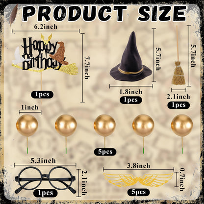 Rismise Wizard Cake Topper 14PCS Magical Wizard Themed Cake Decorations Gold Ball Cupcake Cake Picks with Glasses Wings Hats for Halloween Birthday Magical School Party Supplies