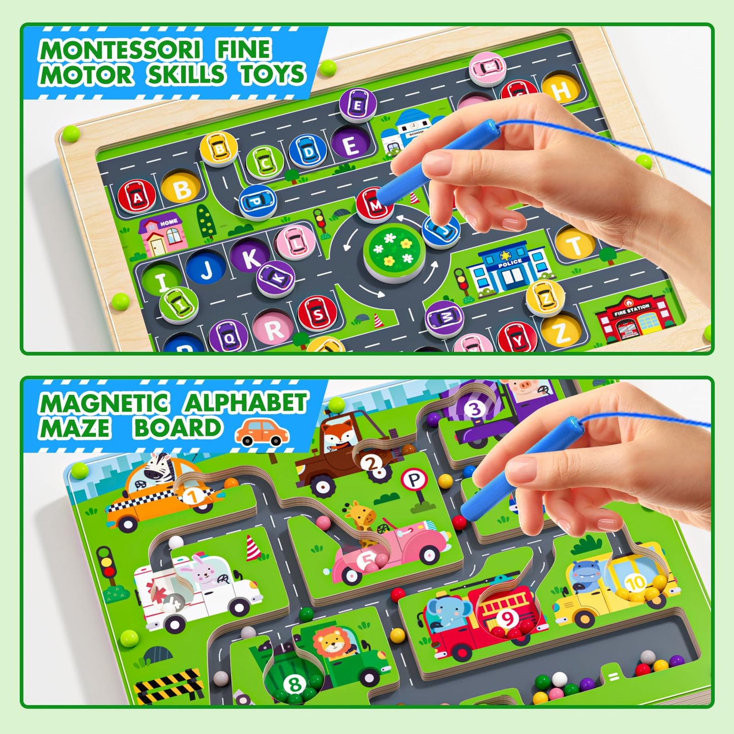 2 in 1 Magnetic Color and Number Maze Double-Sided ABC Alphabet Puzzles Board Magnet Dinosaur Counting Maze Preschool Learning Montessori Education 3 4 5 Years Toys (Car, One Size)