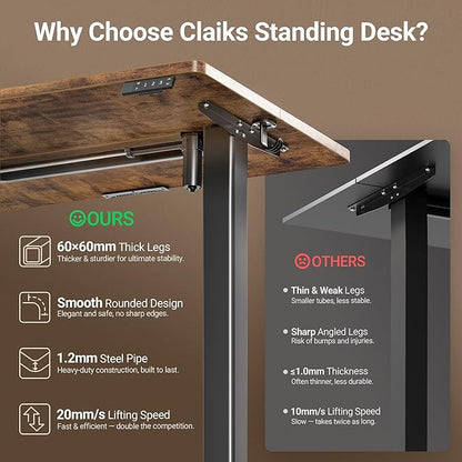 Claiks Electric Standing Desk, Adjustable Height Stand up Desk, 24x48 Inches Sit Stand Home Office Desk with Splice Board, Black Frame/Rustic Brown Top