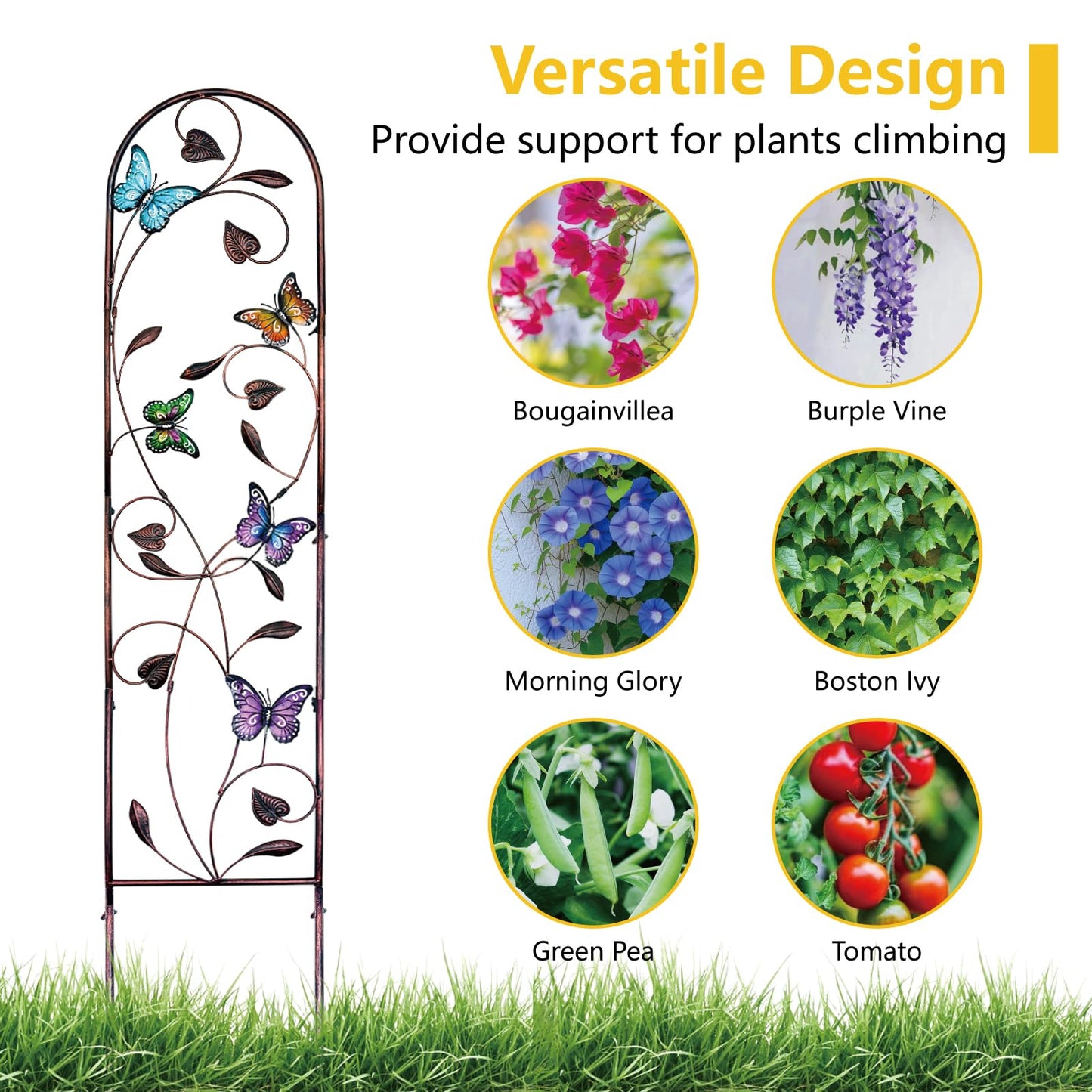 aboxoo Set of 4 Packs Butterfly Metal Garden Trellis for Climbing Plants,Outdoor Decorative Flowers Arch Fence Trellis for Outdoor Patio,Garden,Lawn,Yard,Backyard,Wall Brackets,60'' H x 11'' W