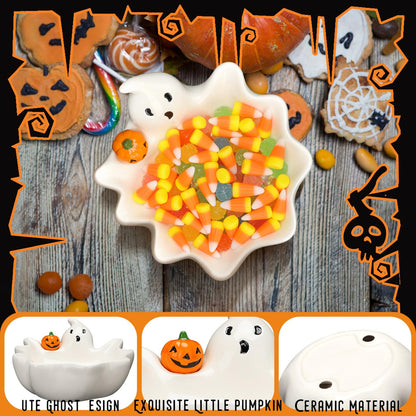 Vesici 7 Inch Halloween Candy Dish Holder Ceramic Ghost Candy Bowl Ghost Serving Tray Cute Candle Holder Cookie Jar for Halloween Party Trick or Treat Decor