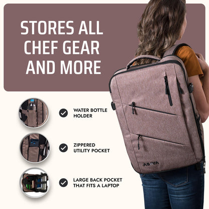 Asaya Chef Knife Backpack with 20-Pocket Knife Roll Bag - Over 30 Storage Pockets Chef Bag, Professional Backpack for Chefs and Culinary Students – Knives Not Included (Brown)