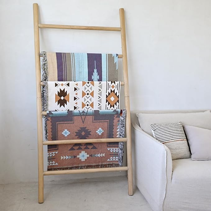 FUIN 6.4ft Extra Wide Wood Blanket Ladder Living Room Decorative Wall Leaning Farmhouse Quilt Display Holder Rustic Wooden Towel Rack for Bathroom, Brown, 38 inch Wide