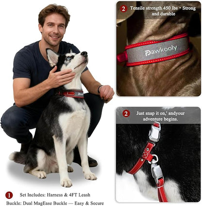 MagEase Dog Collar with 4FT Leash | Adjustable | Anti-Wrinkle, Bite & Stain-Resistant Leather | Soft & Skin-Friendly | 450LB Escape-Proof Magnetic Buckle (Red, Large)