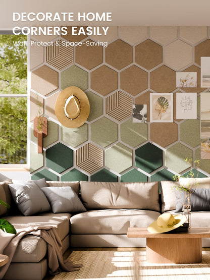 Fluxynara Hexagon Cork Board Alternative for Walls Decor-10-Pack Felt Bulletin Board Tiles,with 30 Pushpins,50 Adhesive Tabs for Office,Classrooms & Home Pin Board Felt Board-Nordic Moss