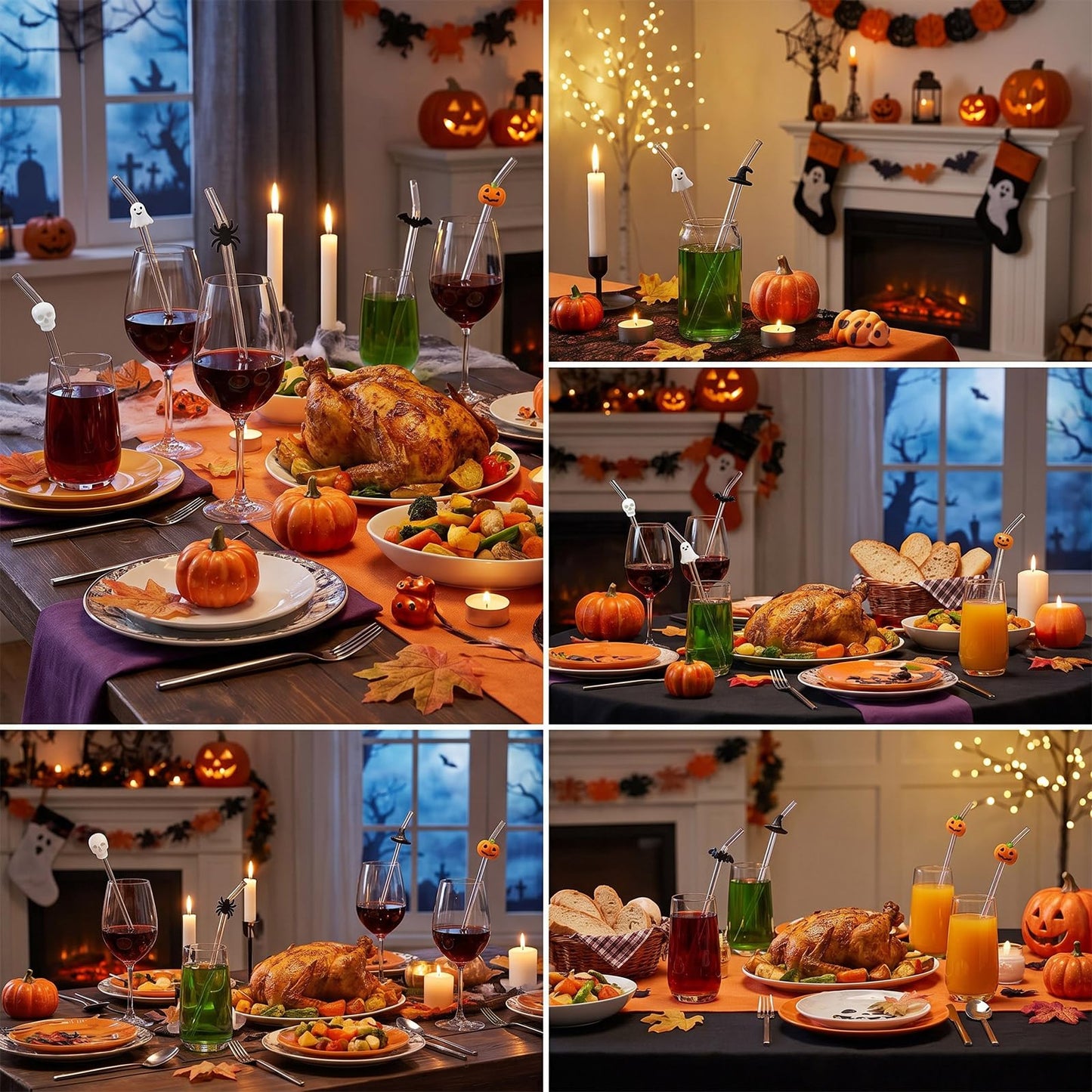 Meanplan 6 Pcs Halloween Glass Straws with Design Pumpkin Spider Ghost Bat Witch Hat Skull Reusable Shatter Resistant Clear Bent Straws with 2 Cleaning Brush for Drinks Cocktail Beverages
