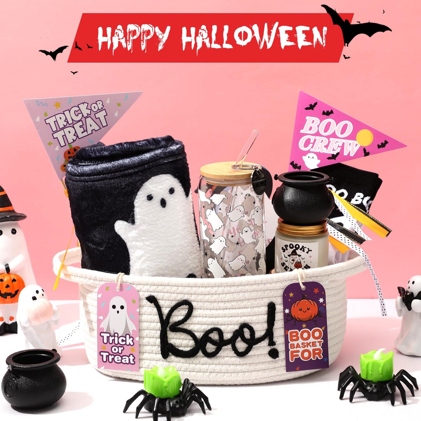 Reallnaive Halloween Boo Woven Basket Cute Storage Spooky Basket with Handle Boo Woven Trick or Treat Gift Organizer for Halloween Party Favors and Decorations Women Men(White,12 x 8 Inch)