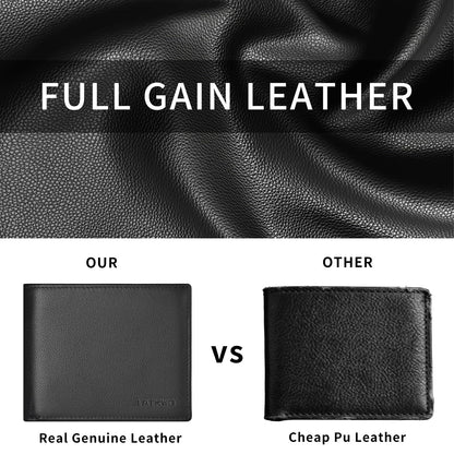 LATKWO Mens Wallet - Genuine Leather Bifold RFID Blocking Slim Front Pocket Large Capacity with 10 Card Slots, 2 ID Windows & 2 Cash Pockets - Heavy Duty Stitched Gift for Men (Black)