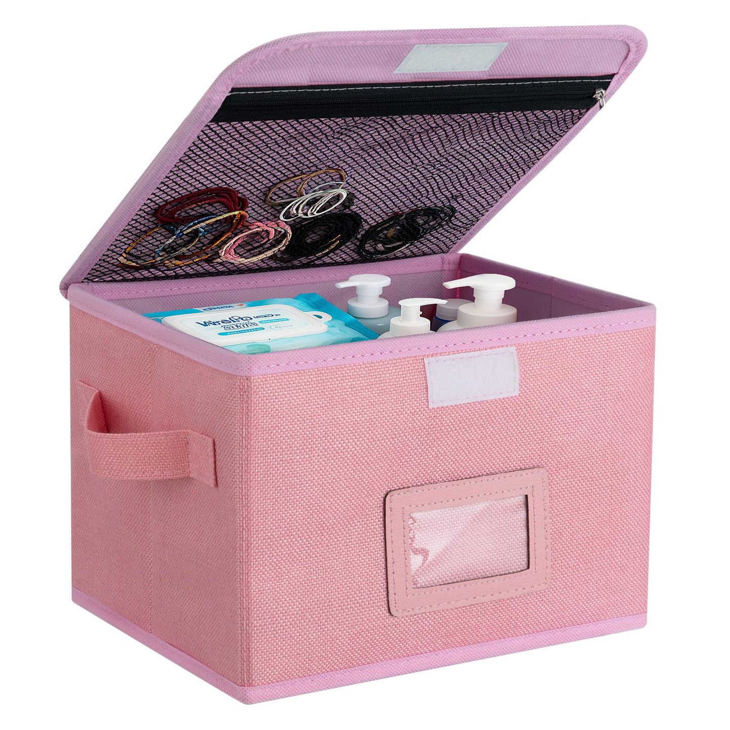 EsmeeSis Small Storage Box, Storage Basket with Lid, Foldable Cotton Linen Fabric Keepsake Box, Organizer Container with Zipper for Decorative, Medicine, Greeting Card Organizer. (Pink, 1 Pack)