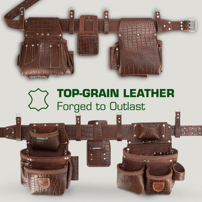 STRONGLAD Leather Carpenter Tool Belt – 21-Pocket Brown-Red Crocodile-Embossed Top-Grain Leather Framing Tool Belt for Men | Heavy-Duty Construction Gear with Stainless Steel Hardware