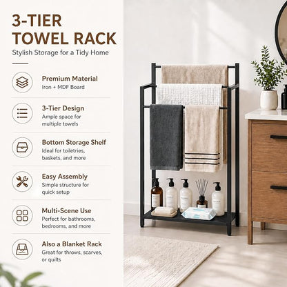 Freestanding Towel Rack, 3 Tier Blanket Ladder Stand with Black Wooden Shelf for Bathroom Living Room (31.5" H x 16.9" W x7.9 D)