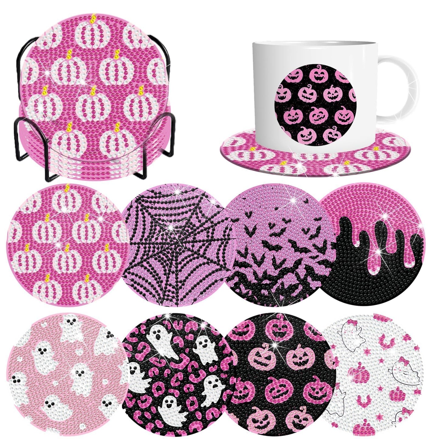 Denylo pro 8 Pcs Halloween Diamond Art Painting Coasters Kits with Holder DIY Pink Halloween Diamond Art Coaster for Adults