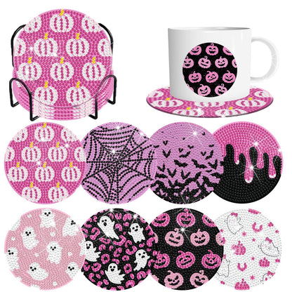 Denylo pro 8 Pcs Halloween Diamond Art Painting Coasters Kits with Holder DIY Pink Halloween Diamond Art Coaster for Adults