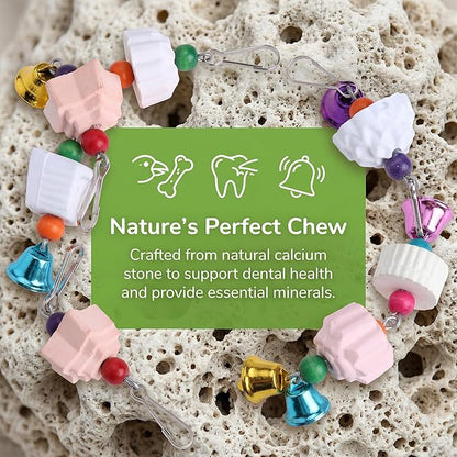 1PC Premium Bird Beak Grinding Stone & Calcium Block Chew Toys with Bell for Parakeets, Cockatiels, Conures, Budgies - Natural Mineral Teeth Trimmer for Small Birds & Rodents
