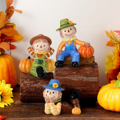 ShinyRelief 3 Pcs 3D Thanksgiving Scarecrows Table Decor Figurines with Pumpkin Fall Table Centerpiece Decor Autumn Harvest Resin Statue Gifts for Kitchen Home Office Tiered Tray Shelf Party Supplies