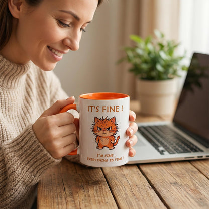 VintCraft Sarcastic Pet Lover Mug - 12oz Ceramic Double-Sided Design, Orange Interior, I'm Fine Everything Is Fine Phrase, Microwave & Dishwasher Safe, Comfort Grip