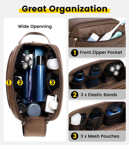 Vorspack PU Leather Toiletry Bag for Men, Water-Resistant Travel Bag for Toiletries, Wide Opening Bathroom Organizer for Shaving, Grooming, Skincare - Dark Brown