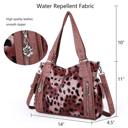 Angel Kiss Handbags for Womens Top-Handle Hobo Purse Roomy Casual Shoulder Bags PU Tote Satchel Purse for Womens 14leopard Pink
