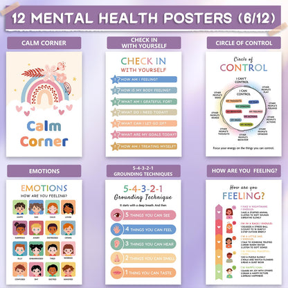 KIDS KING 12 Mental Health Posters, Therapy Office Decor, Counseling Office Must Haves School Counselor Supplies, Inspirational Positive Affirmations & Emotion Regulation Poster Wall Art Decor for Home Office Classroom (10"x14")