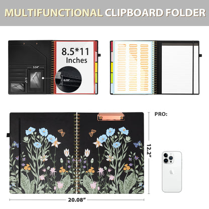 Ospelelf Clipboard with Storage for Women, Leather Padfolio Portfolio Organizer 5 Folders with 10 Pockets, Spiral Clipboard Folio with Notepad for Letter Size, Elastic Closure and Pen Loop Floral