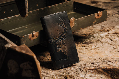 House of Jack Co. Deer Long Bifold Wallet for Men and Outdoorsmen, Rodeo Wallet, Full Grain Cowhide Leather Wallet, Black