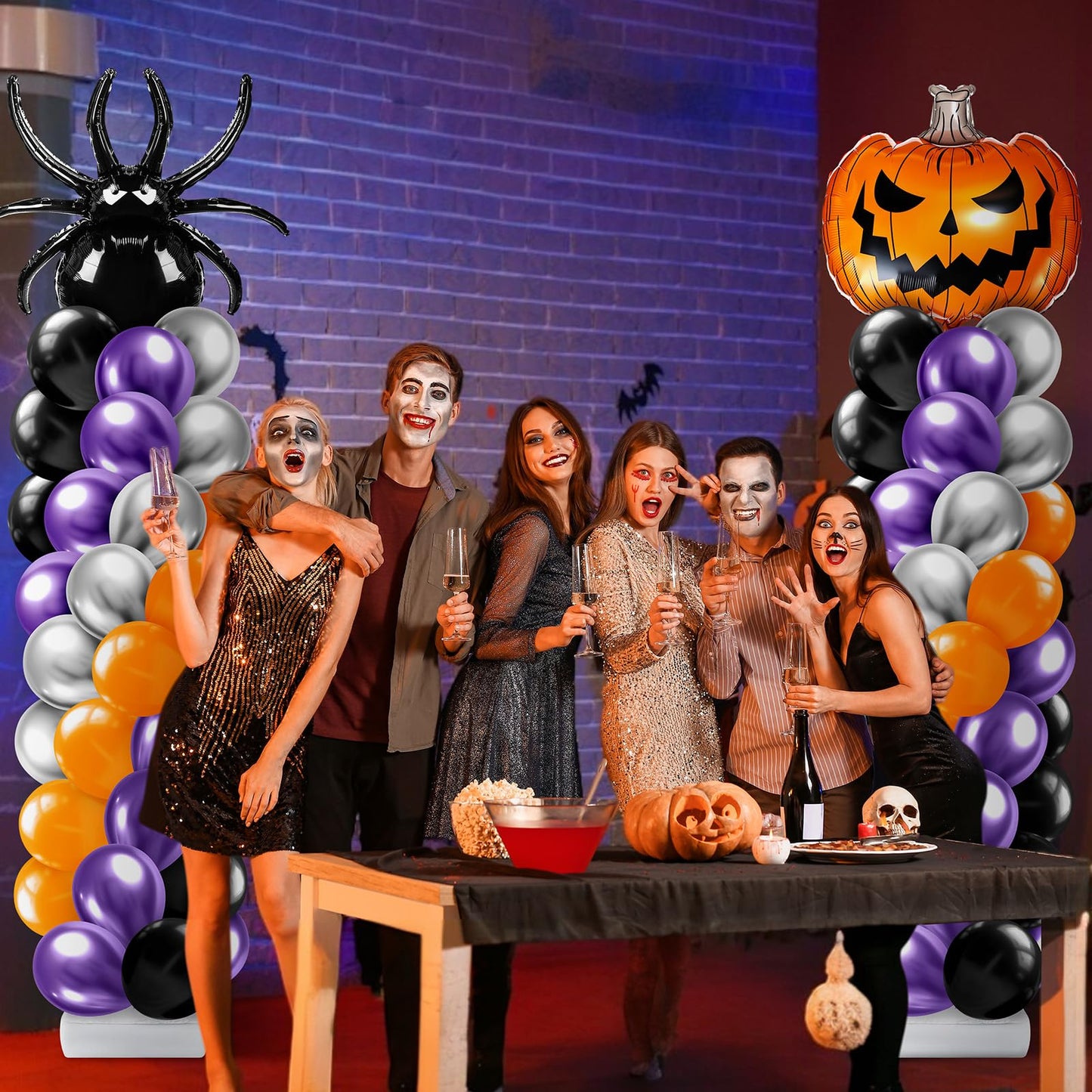 Kasyat 2 Sets Halloween Balloon Column Stand Kit with Scary Pumpkin Spider Foil Balloon Orange Purple Black Silver Arch Garland Kit for Spooky Birthday Party Halloween Theme Decoration
