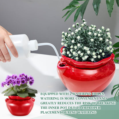 Sunnychicc 6.3 Inch African Violet Pots, Red Self Watering Pot for Indoor Plants, Ceramic Easy Plant Self Watering Pot for Thriving Plant Flower Maintenance