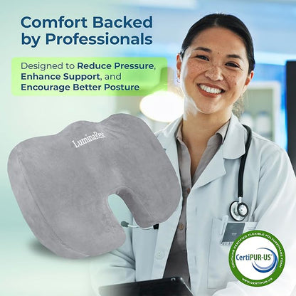 LuminaRest® Gel Seat Cushion for Long Sitting | Premium CertiPUR-US® Certified Memory Foam | Ergonomic Office Chair Cushion for Tailbone & Coccyx Pain Relief, Sciatica & Back Support (Gray)