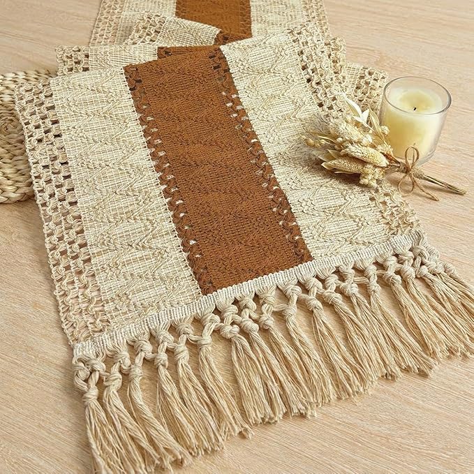 FEXIA Table Runner 90 Inch Thanksgiving Decor with Tassels for Boho Macrame Farmhouse Style, Party Wedding Bridal Shower Decor, Brown (12x90 Inches)