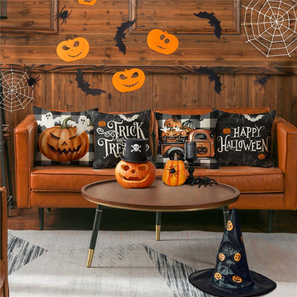 MODOVOS Halloween Pillow Covers 18x18 Set of 4 Buffalo Plaid Spooky Ghost Pumpkin Truck Halloween Decorations Trick or Treat Throw Pillow Covers Spider Web Bat Cushion Case for Sofa Couch