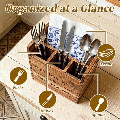 NDNTO Portable Acacia Wood Kitchen Utensil Holder with Handle, Farmhouse Countertop 4-Compartment Wooden Cooking Utensil Holder for Counter, Island & Dining Room