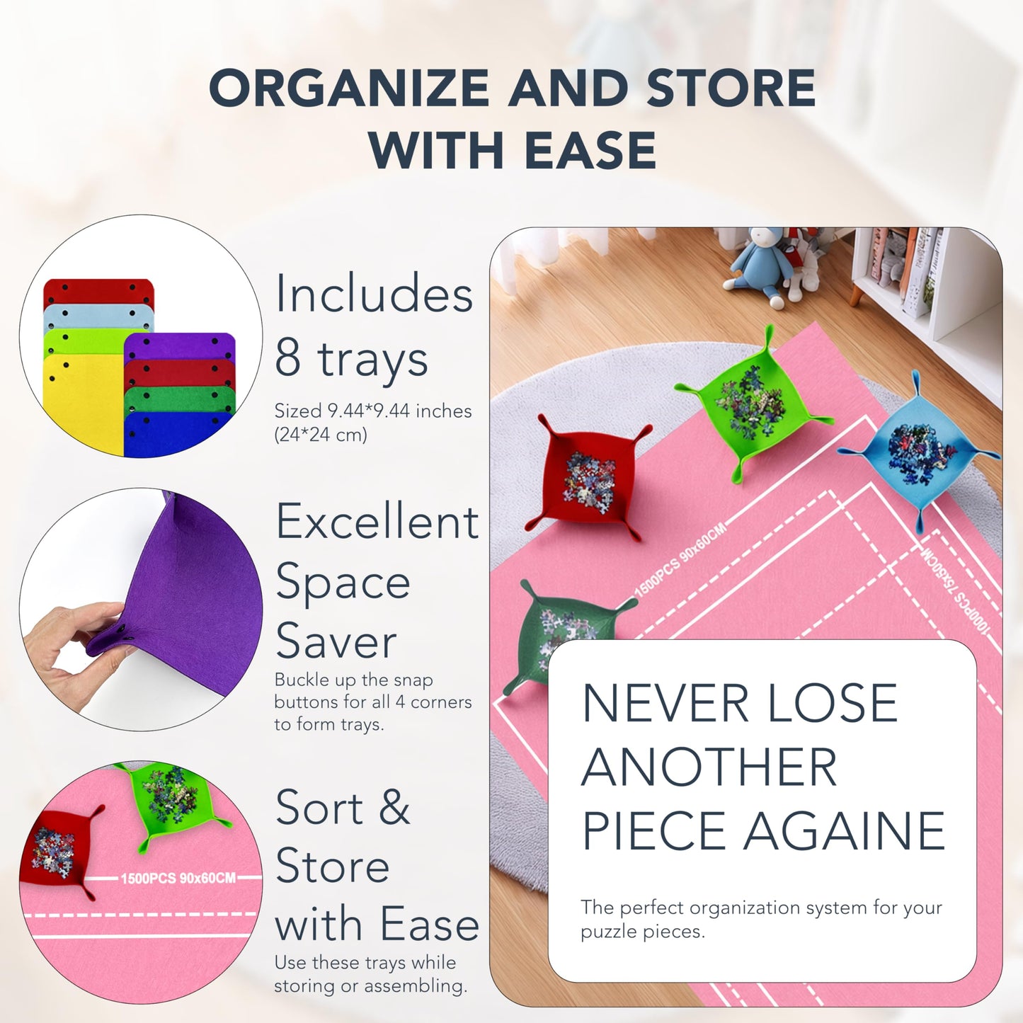 GOECI Portable Jigsaw Puzzle Roll Up Mat Kit - Holds Up to 1500 Pieces, Includes 8 Sorting Trays, Storage Bag & Box for Easy Transport and Crease-Free Storage Pink