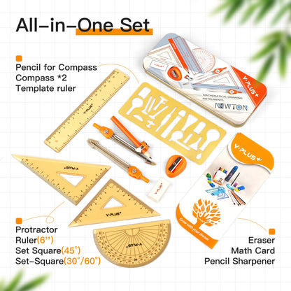 YPLUS Geometry Set for Students, Math Compass and Protractor Kit, School Supplies with Metal Tools, Formula Card and Storage Case, 11 Pcs Basic Geometry Set